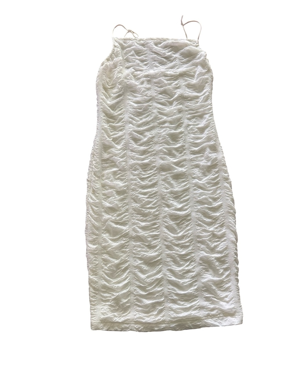 Bear Dance White Ruched Bodycon Midi Dress Stretch Spaghetti Strap Size M